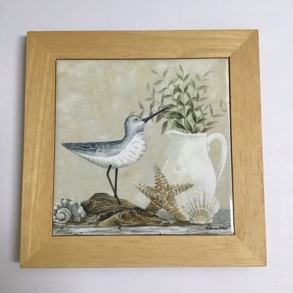 Vintage Diane Arthurs Framed Ceramic Tile Trivet Sandpiper Shells 8x8” Wall Art - Picture 11 of 14